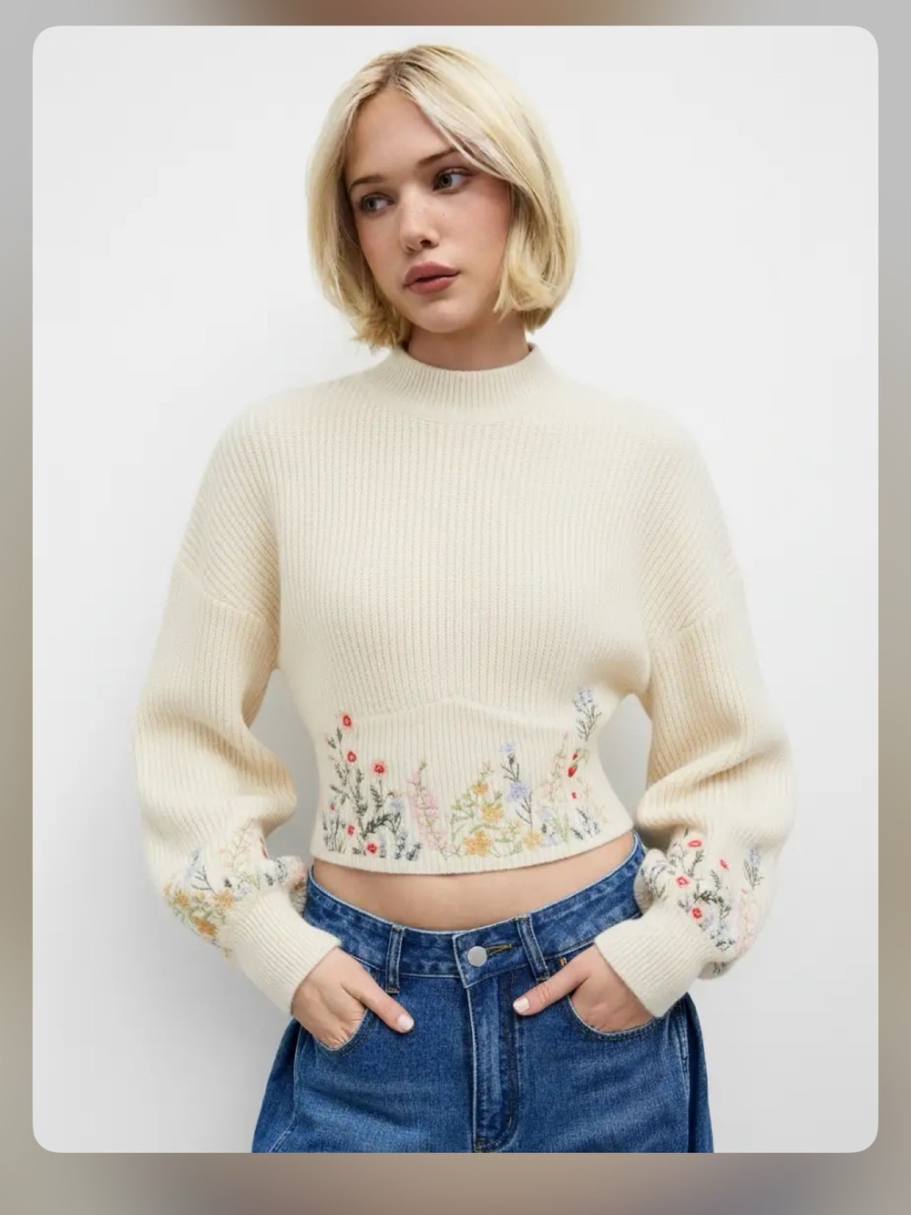 Cider KNIT HIGH NECK FLORAL EMBROIDERY CROP TOP M ip-7 - Picture 1 of 6